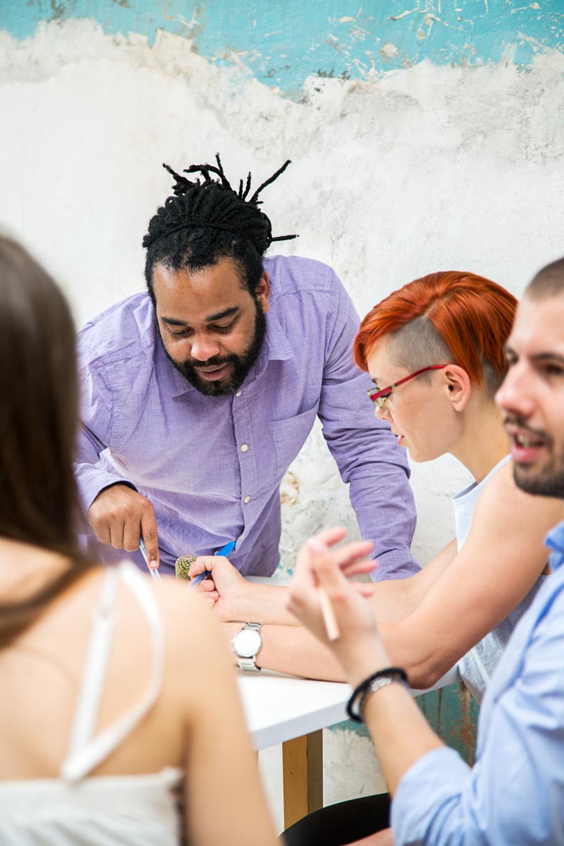 Young people working in the grunge office